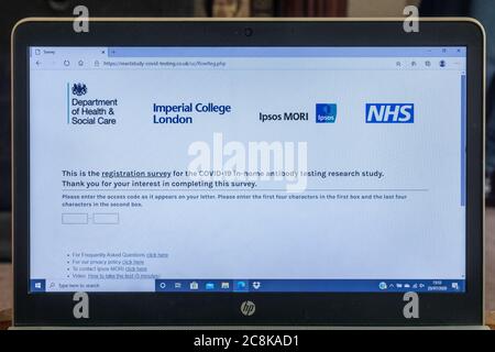 Site Web pour s'inscrire à une étude de recherche sur les anticorps covid-19 à domicile réalisée par Imperial College London et Ipsos MORI, Angleterre, juillet 2020 Banque D'Images