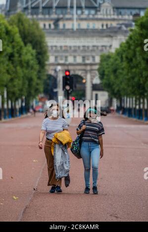 Londres, Royaume-Uni. 25 juillet 2020. Un petit nombre de touristes apprécient la liberté que le centre commercial soit fermé à la circulation après l'assouplissement de l'écluse du coronavirus (COVID-19). Crédit : Guy Bell/Alay Live News Banque D'Images