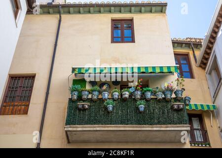 Balcon andalou plein de pots de céramique de Grenade avec des fleurs et des plantes dans une allée Banque D'Images