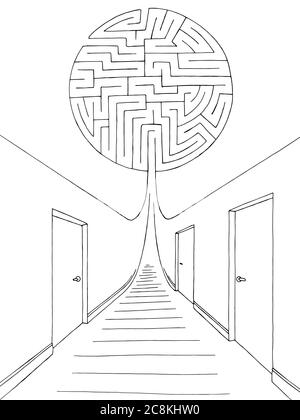 Couloir labyrinthe graphique labyrinthe noir blanc intérieur esquisse illustration vecteur Illustration de Vecteur