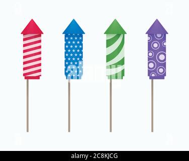Des fusées de feu colorées avec diverses textures sur fond blanc. Jeu d'icônes de feux d'artifice vectoriels. Illustration de Vecteur