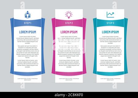 Modèle d'infographie avec trois parties et étapes. Bannières verticales colorées avec cadres coulissants Illustration de Vecteur