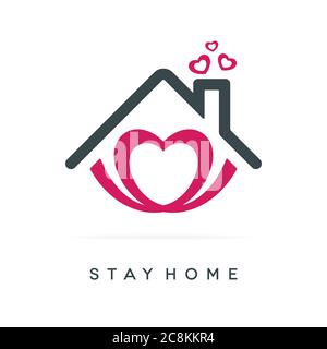 Concept de séjour à la maison. Coronavirus Covid-19 pandémie d'isolement social icône avec le coeur et les formes de toit. Illustration de Vecteur
