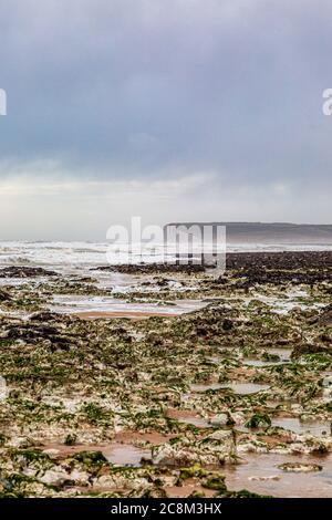 Marée basse sur la côte du Sussex, par une journée hivernale venteuse Banque D'Images