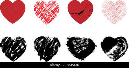 Mettez en place les coeurs rouges et noirs. Fissures, rayures et encre. Vecteur Illustration de Vecteur
