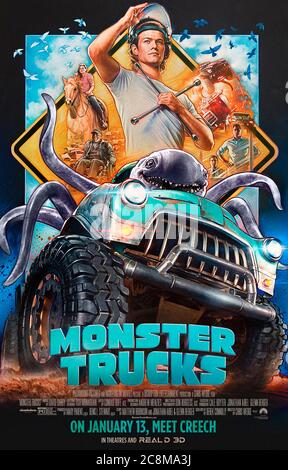 Monster Trucks (2016) dirigé par Chris Wedge et mettant en vedette Lucas Till, Jane Levy, Thomas Lennon et Rob Lowe. Un mécanicien trouve un étranger amical qui consomme de l'huile et donne au camion qu'il travaille sur une nouvelle centrale. Banque D'Images