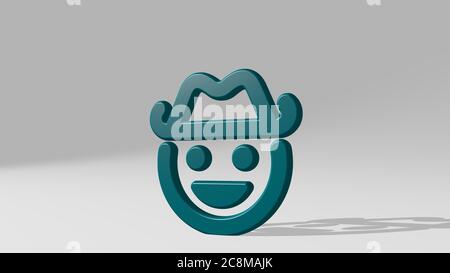 un cowboy souriant se place sur un autre pied avec ombre. Illustration 3D de la sculpture métallique sur fond blanc avec texture douce. Visage et icône Banque D'Images