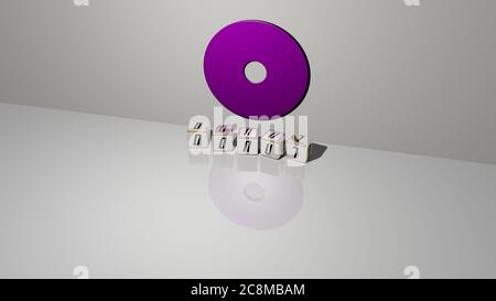 Illustration 3D de graphiques de beignets et texte fait par des lettres de dés métalliques pour la signification du concept et des présentations. Fond et boulangerie Banque D'Images