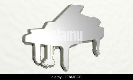 Piano réalisé en 3D, illustration d'une sculpture métallique brillante sur un mur à fond clair. Musique et noir Banque D'Images