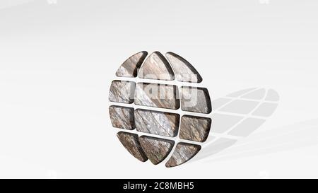 OMBRE à LA TERRE avec deux lumières. Illustration 3D de sculpture métallique sur fond blanc avec texture douce. Concept et bleu Banque D'Images