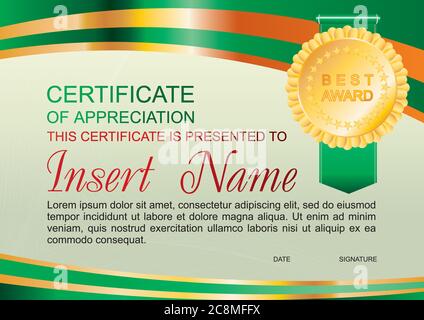 Modèle de vecteur certificat d'appréciation avec motif coloré, attributs de la victoire et place pour le texte. Design utilisable pour diplôme, invitation, gi Illustration de Vecteur