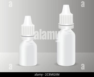 Jeu de flacons médicaux en plastique blanc réaliste avec compte-gouttes. Flacon ou flacon de pharmacie pour les gouttes essentielles, oculaires ou nasales anti-âge. Maquette de flac vectoriel Illustration de Vecteur