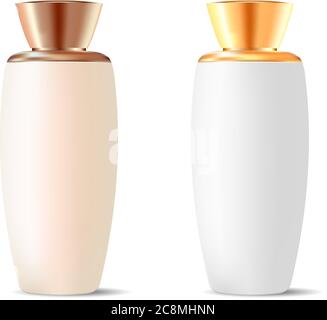 Maquette de bouteille cosmétique de shampooing. Ensemble de flacons roses et blancs brillants avec bouchons dorés. Crème de marque, soupes, mousses, shampooing, design cosmétique. HQ EPS10 vec Illustration de Vecteur