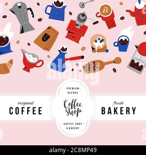 Modèle de couverture du menu du café avec logo lettrage, design tendance avec illustrations de nouilles dessinées à la main, menu de restaurant ou de boulangerie, dessins de café Illustration de Vecteur