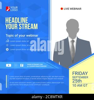 Inviter à des annonces de webinaires en direct. Maquette vectorielle pour conférence professionnelle ou diffusion en continu. Modèle de webinaire en direct pour les médias sociaux. Illustration de Vecteur