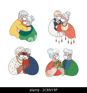 Les personnes âgées portent des masques. Ensemble de couples de grands-parents pendant la quarantaine COVID-19. Protection contre les infections et prévention du coronavirus chez les personnes âgées Illustration de Vecteur