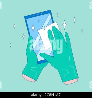 Covid-19 - protection personnelle. Désinfectant pour smartphone et désinfection, essuyez le téléphone avec des gants Illustration de Vecteur