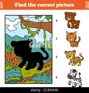 Trouvez la bonne image, jeu d'éducation pour les enfants. Jaguar et son expérience Illustration de Vecteur