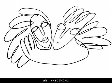 Graphiques linéaires d'une paire de faces sur un fond blanc. Illustration de dessin noir et blanc. Banque D'Images
