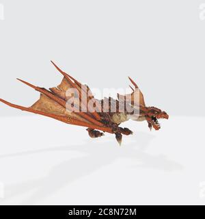 Illustration du rendu 3D d'un dragon orange isolé sur un arrière-plan blanc Banque D'Images