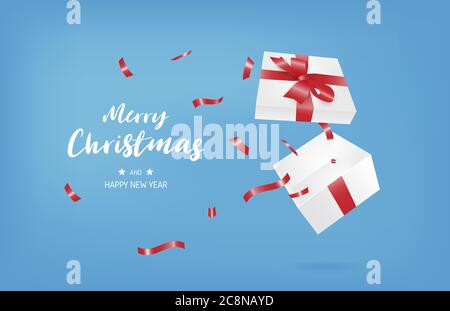 Bannière joyeux Noël et joyeux nouvel an avec boîte cadeau ouverte sur fond bleu. Illustration de Vecteur