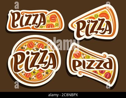 Ensemble Vector Pizza, 4 illustrations découpées avec fastfood italien traditionnel avec différents titres de pizza, divers groupes de décoration badge blanc Illustration de Vecteur
