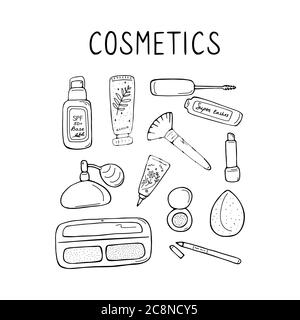 Icônes de maquillage et de soin de la peau. Produits et accessoires pour la beauté. Ensemble de panneaux simples pour femmes. Éléments de visualisation. Graphique vectoriel tracé à la main Illustration de Vecteur