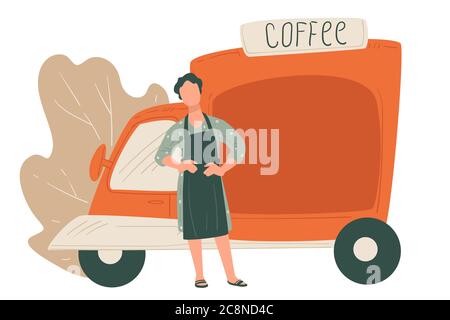 Camion à café, vendeur ou fournisseur, café ou boutique Illustration de Vecteur