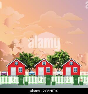 Rangée de maisons résidentielles individuelles dans une rue de banlieue avec des poubelles de recyclage vertes pour la collecte, prêtes à l'aube ou au crépuscule Banque D'Images