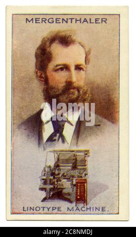 Une vieille carte à cigarettes (c. 1929) avec un portrait d'Ottmar Mergenthaler (1854–1899) et une illustration de sa presse linotype. Mergenthaler était un inventeur germano-américain qui a inventé la machine linotype, le premier dispositif qui pourrait facilement et rapidement définir des lignes complètes de type pour une utilisation dans les presses à imprimer. Cette machine a révolutionné l'art de l'impression. En 1884, il a conçu l'idée d'assembler des moules de lettres métalliques, appelés matrices, et de couler du métal en fusion dans ces moules, le tout dans une seule machine. Banque D'Images