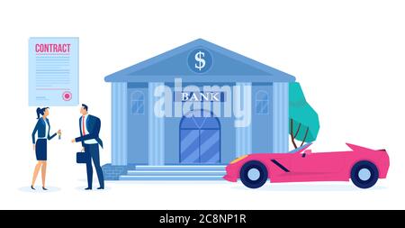 Vecteur d'un homme et d'un agent de vente avec un prêt de voiture approuvé et une nouvelle automobile moderne sur un fond de bâtiment de banque Illustration de Vecteur