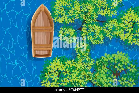 topview bateau en bois dans la forêt de mangroves sur la plage Illustration de Vecteur