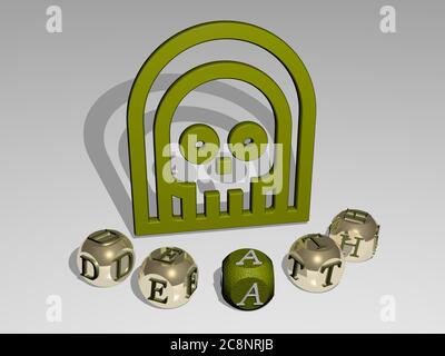 Illustration 3D des graphiques DE LA MORT et du texte autour de l'icône faite par des lettres de dés métalliques pour les significations connexes du concept et des présentations. Fond et mort Banque D'Images