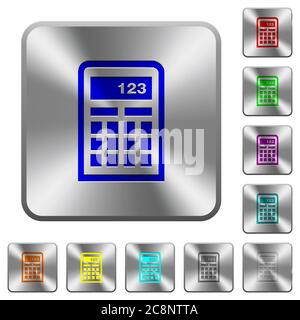 Icônes de calculatrice gravées sur des boutons en acier carrés arrondis Illustration de Vecteur