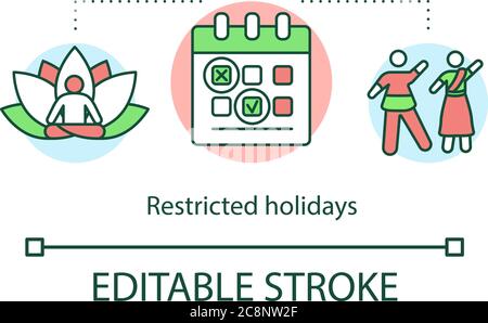 Icône de concept de vacances restreintes. Célébrations publiques indiennes. Calendrier des festivals et événements. Illustration de l'idée de vacances en option. iso vectoriel Illustration de Vecteur