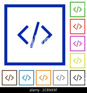 Ensemble de couleurs encadrées carrés icônes plates de code de programmation sur fond blanc Illustration de Vecteur