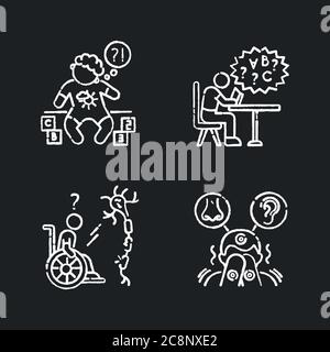 Icônes blanches de la craie des maladies chroniques sur fond noir. Retard de développement. Difficulté à lire de la dyslexie. Hypersensibilité sensorielle. Isola Illustration de Vecteur