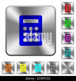 Icônes de calculatrice gravées sur des boutons en acier carrés arrondis Illustration de Vecteur