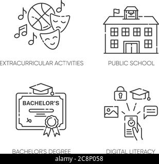 Ensemble d'icônes linéaires pixel parfait pour l'éducation scolaire publique. Activités parascolaires et alphabétisation numérique. Symboles de contour de ligne mince personnalisables. Isola Illustration de Vecteur