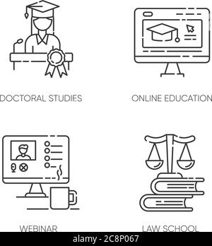 Ensemble d'icônes linéaires pixel Perfect pour l'enseignement supérieur moderne. Études doctorales, faculté de droit, cours en ligne symboles de contour mince personnalisables. Isolé Illustration de Vecteur