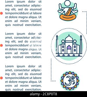 Icône de concept de vacances religieuses indiennes avec texte. Symboles culturels et traditionnels en Inde. Modèle de vecteur de page PPT. Brochure, magazine, brochure des Illustration de Vecteur