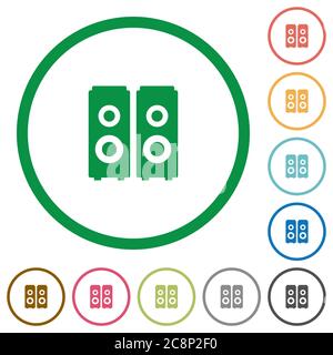 Ensemble de haut-parleurs couleur ronds avec des icônes plates sur fond blanc Illustration de Vecteur