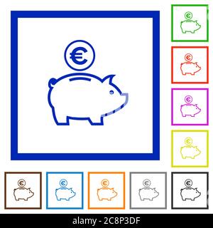 Ensemble de carrés de couleur encadrés Euro piggy Bank icônes plates sur fond blanc Illustration de Vecteur