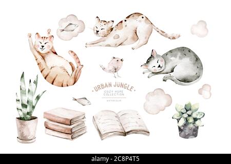 Mignon aquarelle dessin animé chats ensemble illustrations isolées sur blanc. Parfait pour les stikers, le papier peint, la décoration d'affiche. Banque D'Images