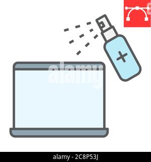 Icône de ligne de couleur d'ordinateur portable de désinfection, hygiène et désinfection, nettoyage des graphiques vectoriels de panneau d'ordinateur portable, icône de contour de contour rempli de contour modifiable, eps 10. Illustration de Vecteur