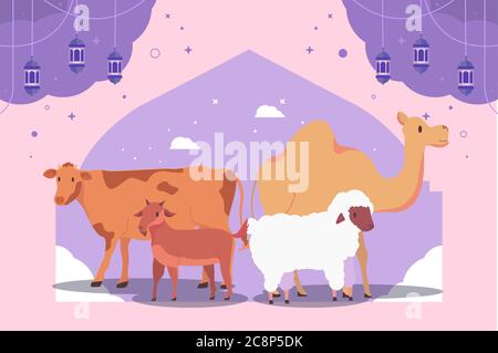 EID Al Adha Background avec Camel, Cattle, Goat et Sheep Character Premium Vector Illustration de Vecteur