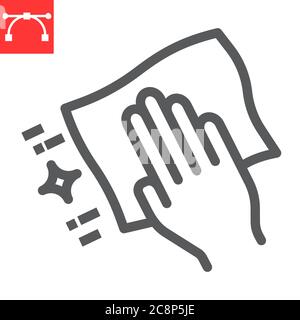 Main avec nettoyage de l'icône de la ligne de serviette, hygiène et désinfection, essuyer les graphiques vectoriels de la surface, icône linéaire de trait modifiable, eps 10. Illustration de Vecteur