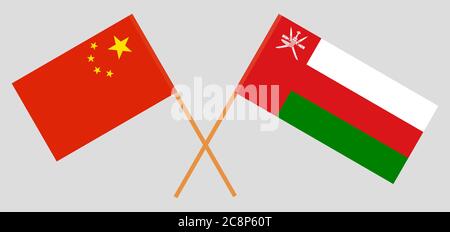 Drapeaux croisés d'Oman et de Chine. Couleurs officielles. Proportion correcte. Illustration vectorielle Illustration de Vecteur