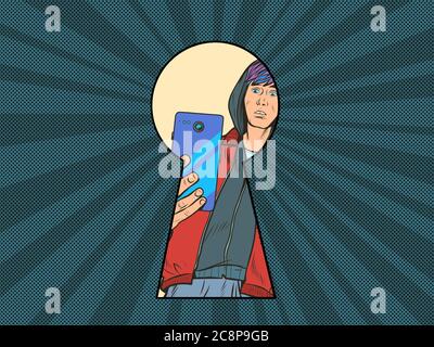 Keyhole Peeping Teen boy prenant des photos avec un smartphone Illustration de Vecteur