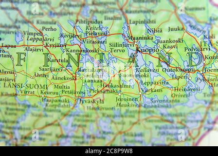 Carte géographique du pays européen Finlande avec des villes importantes Banque D'Images
